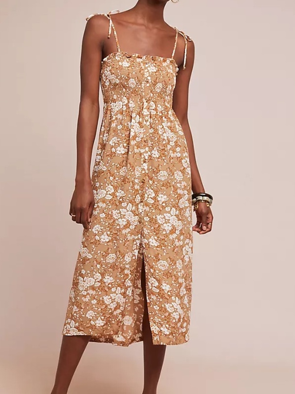 Faithfull The Brand Anthropologie Suki Floral Dress Tan Smocked Button Front 6
